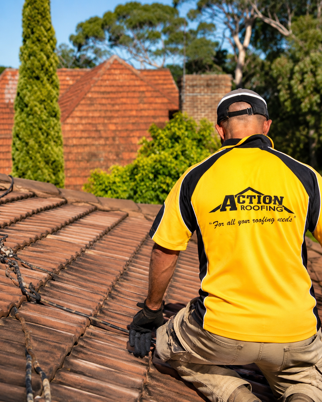 Peter Portelli of Action Roofing kneeling on a Sydney tile roof